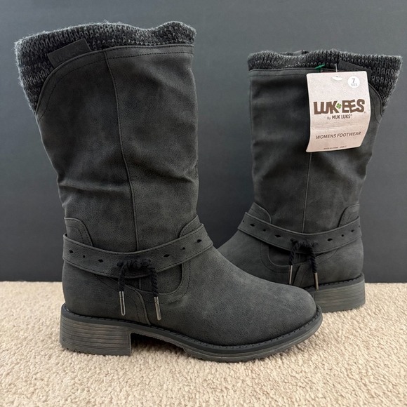 NWT MUK LUKS Women's Gray Mid-Calf Boots Size 7 Knit Cuff Side Zip Memory Foam - Picture 5 of 16